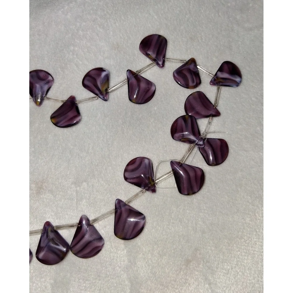 Purple Swirled Art Glass Petal Beads Strand Plum Lavender 0.8 oz Jewelry Making